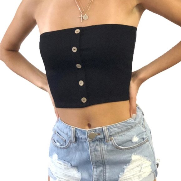 Strapless Black Cropped Brown Button Down Tube Top - Picture 2 of 5